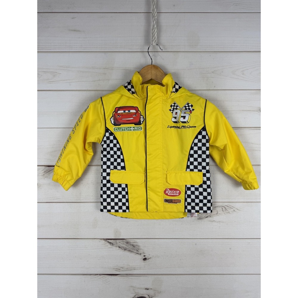 Disney Jacket Kids 4 Yellow Cars Lightning McQueen Rain Hooded Zip Checkered